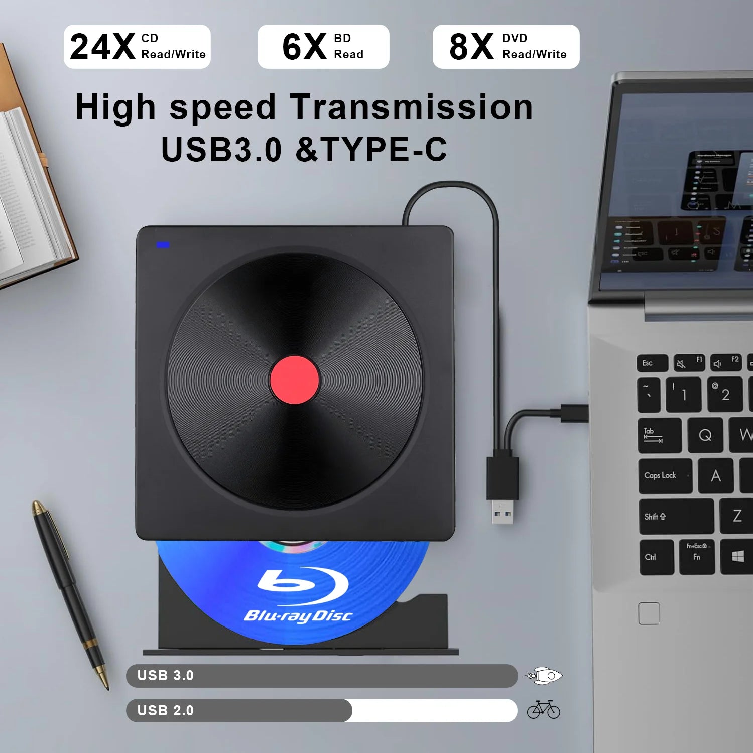 External Blu-ray Drive, Portable Blu-ray Player & CD DVD Burner – USB 3.0 & Type-C BD/DVD/CD Reader, Lightweight for laptop PC