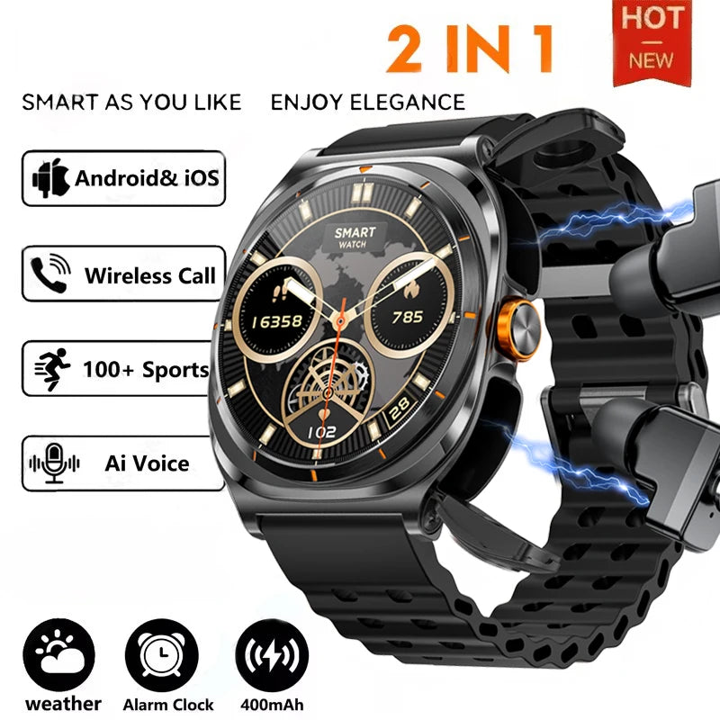 2025 Upgraded For Android IOS TWS 2 in 1 SmartWatch with Headphones Bluetooth Call IP68 Waterproof Outdoor GPS Sport Smartwatch