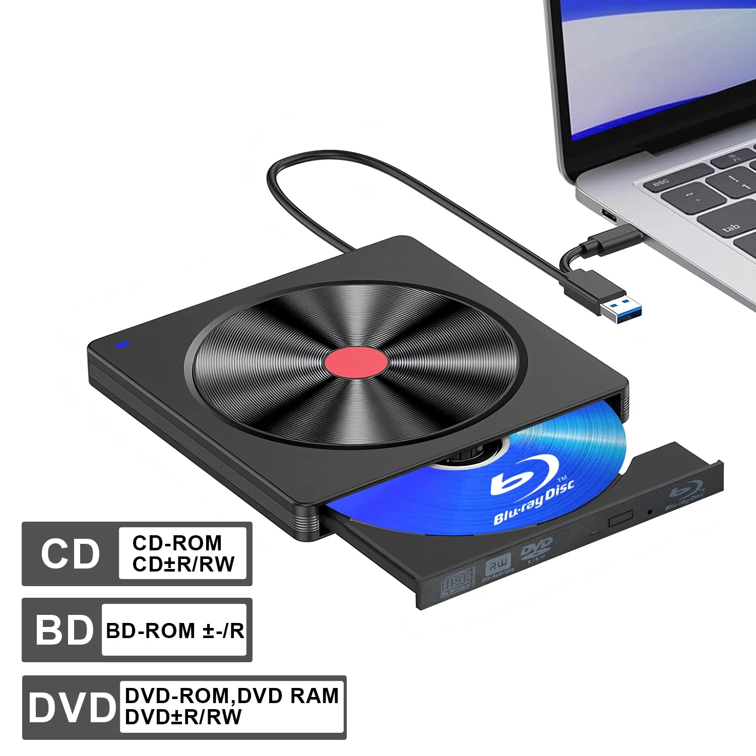 External Blu-ray Drive, Portable Blu-ray Player & CD DVD Burner – USB 3.0 & Type-C BD/DVD/CD Reader, Lightweight for laptop PC