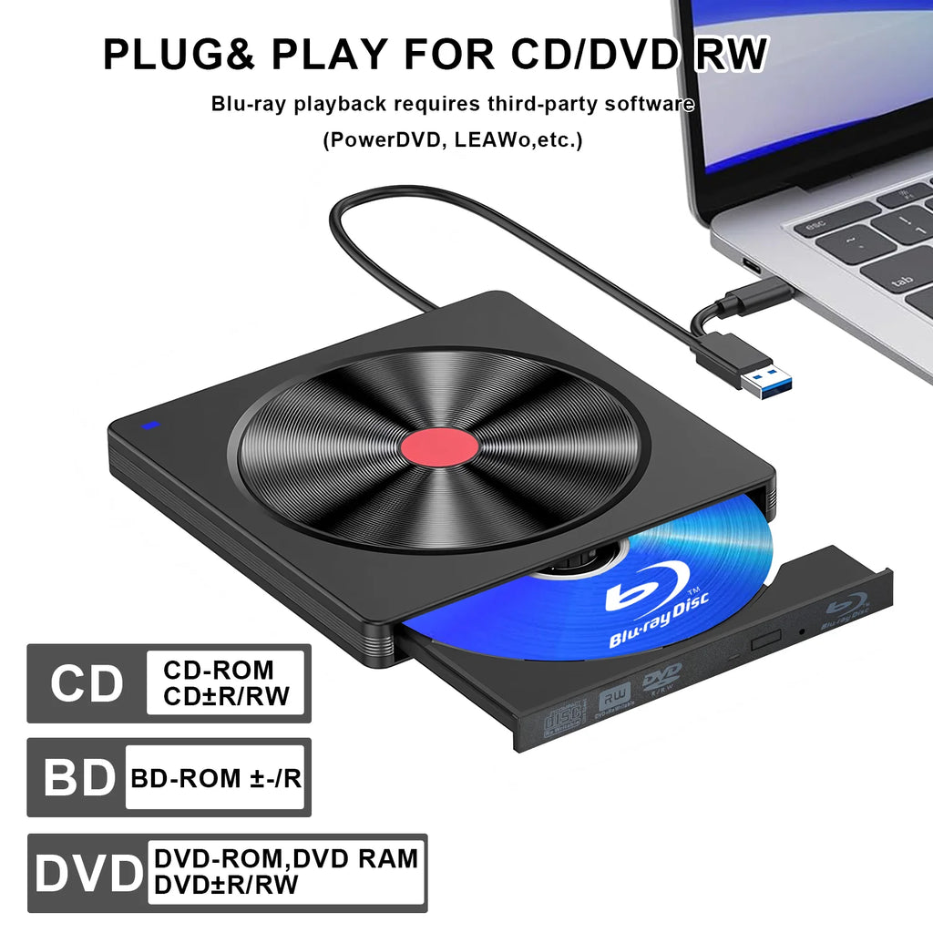 External Blu-ray Drive, Portable Blu-ray Player & CD DVD Burner – USB 3.0 & Type-C BD/DVD/CD Reader, Lightweight for laptop PC