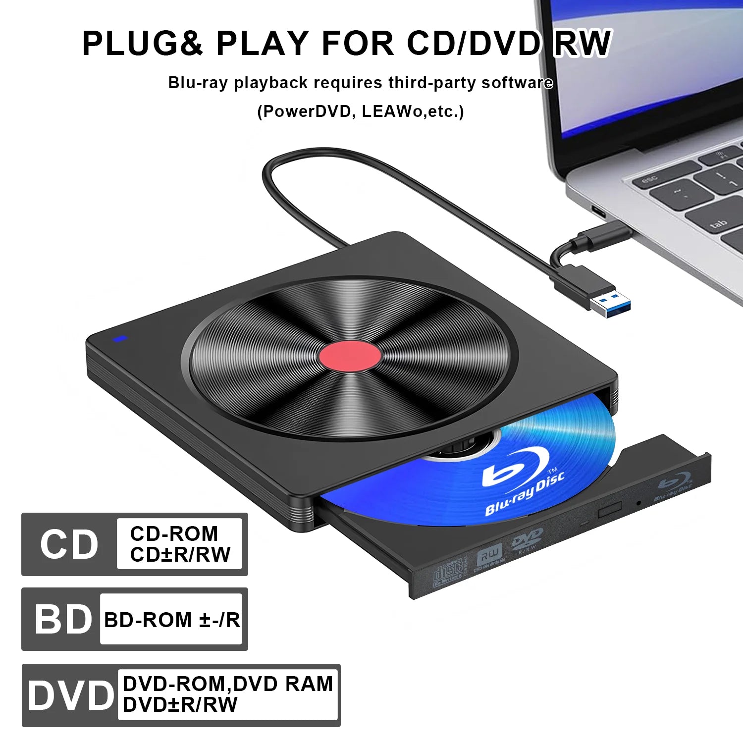 External Blu-ray Drive, Portable Blu-ray Player & CD DVD Burner – USB 3.0 & Type-C BD/DVD/CD Reader, Lightweight for laptop PC
