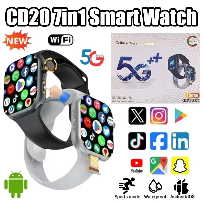 2025 CD20 Smartwatch: 2.29" AMOLED Display, SIM Card & WiFi Call, GPS, 180° Rotatable Camera for Video Calls